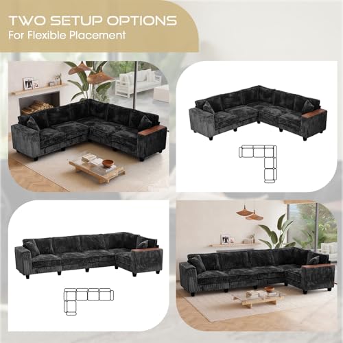 Image of 97 Inches Corduroy Couch with 2 Pillows Deep Seat Sectional Sofa Armrests with Two Hidden Storage Space Corner Couch Oversized L Shaped Cloud Couches for Living Room Black