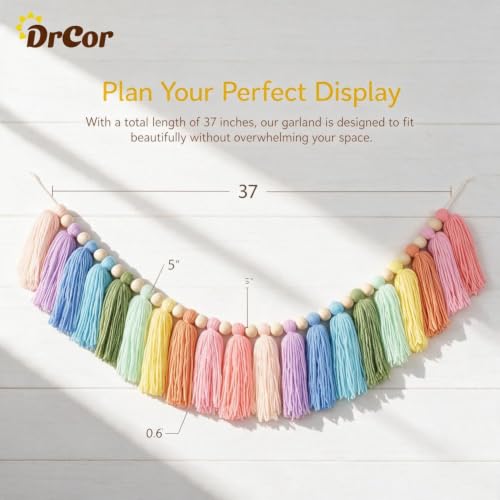 Image of DrCor Pastel Rainbow Tassel Garland - Colorful Boho Girls Bedroom Decor