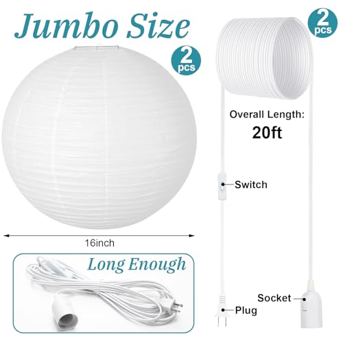 Rossesay 2 Sets Jumbo Paper Lanterns with Lamp Cord Cable White Hanging Paper Lanterns Chinese Japanese Pendant Hanging Lamp for Birthday Wedding Bridal Anniversary Party Decoration (Round,16 Inch) by Rossesay - Used condition - Image 2