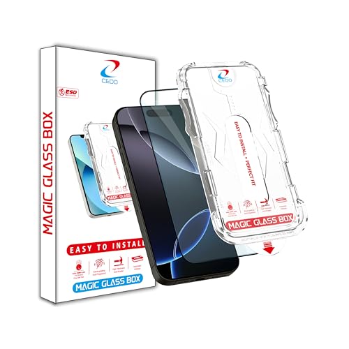 Image of CEDO Magic Box Tempered Glass for iPhone 16 Pro Max | Dust & Bublle Free Installation Screen Protector with auto Alignment Tool | HD Clear Quality Tempered Glass with Easy Installation Kit (Black)