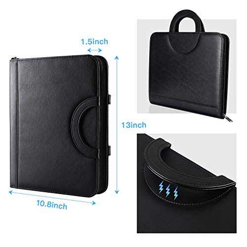 Oowolf Zippered Leather Padfolio Portfolio Folder, 13'' Interview Organizer Pad Padfolio With Phone Holder & Hidden Handle, Business Resume Portfolio Binder For Women Men Black #TOP5