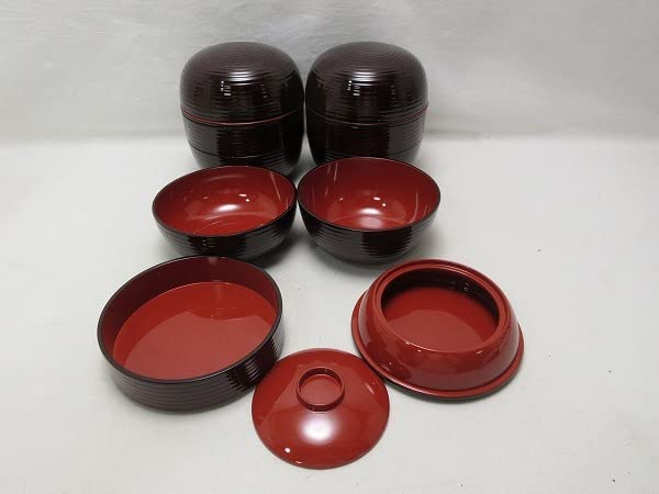 ほぼ未使用 茶道具 木製溜塗 信玄三段弁当 2客揃 千筋 内朱 紙箱