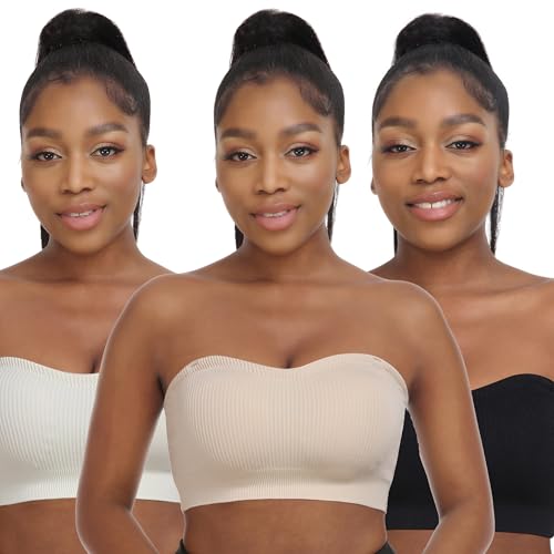Image of Zimcti Strapless Bras for Women Comfortable Non-Slip Silicone Bandeau Bra Seamless Tube to Bralette Black+Beige+White S