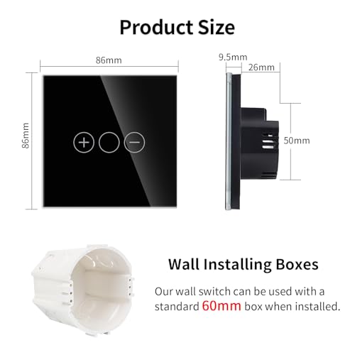 JIMEIDA Dimmerschalter für LED-Licht,Touch Lichtschalter Schwarz Gehärtete Glasscheibe mit LED-Hintergrundbeleuchtung,Kein Neutralleiter Erforderlich 86MM
