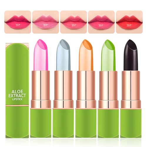 Aloe Vera Lippenstift 5 Stück Magischer Temperatur Farbwechsel Magic Lipstick Aloe Vera Lippenpflegestift Lippenpflege Langlebige Lippenbalsam Verhindert Austrocknen Waterproof Long-Lasting