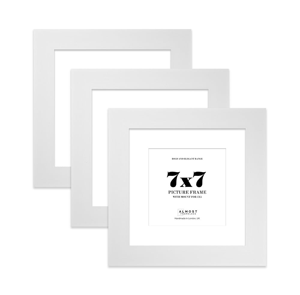 7x7" White Square Frame With Mount for 5x5" Pictures 28mm Edge Frame Display with Wall Hooks and Kickstand, 3 Pack