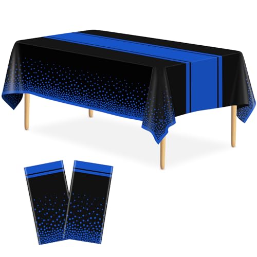 Image of 2 Pack Black and Blue Tablecloth Party Decorations Plastic Black Tablecloth Printed Blue Table Runner 54 x108 Inch Disposable Rectangle Table Cover for Birthday Wedding Graduation Anniversary