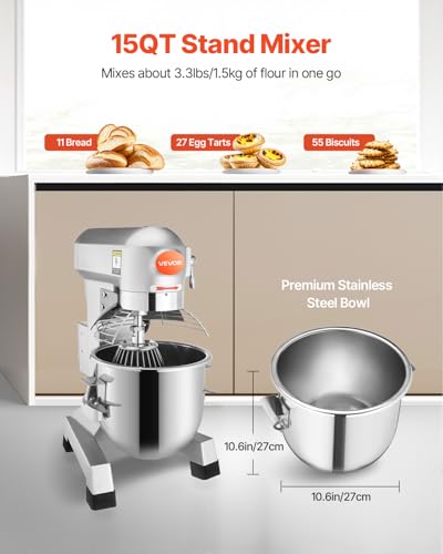 Happybuy 15Qt Commercial Food Mixer with Timing Function， Commercial Mixer 600W Stainless Steel Bowl Heavy Duty Electric Food Mixer Commercial with 3 Speeds Adjustable, Perfect for Bakery Pizzeria