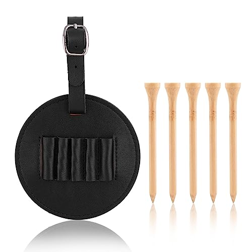 Loyanger Golf Bag Tag with 5 Tees Set, Convenient and Durable Storage Ball Nail Storage Leather Case Golf Accessories Presents for Men(Color:Black)