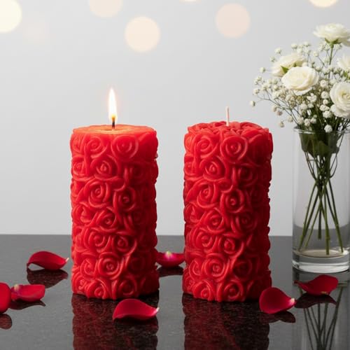 Image of Scented Candles For Home Decor, Rose Fragrance, Pillar Shape, Red Color, Set Of 2, 5.5 X 10.5 Cm - Wax