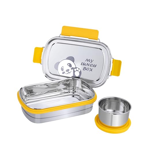 Image of PDDFALCON Stainless Steel Recta Munchy with Panda Print with 100% Leak-Proof, BIS Certified, Jindal Seal & Made in India Lunch Box - 875ml (Recta Munchy Yellow, 875ml)