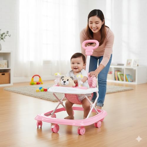 Image of Baby Walker for 6-18 Months Baby with Music, Detachable Parental Push Handle, Adjustable Height, Foldable Baby Walker for Boys & Girls, Anti-Fall Safety Design, Comfortable Seat (Baby Pink)