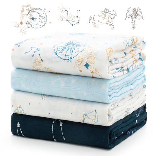 Image of Momcozy Muslin Swaddle Blankets, Ultra Soft Neutral Registry Essentials, Angelic Starlight Zodiac Magic, Breathable Large 47'' x 47'' Newborn Boys Girls Receiving Blanket