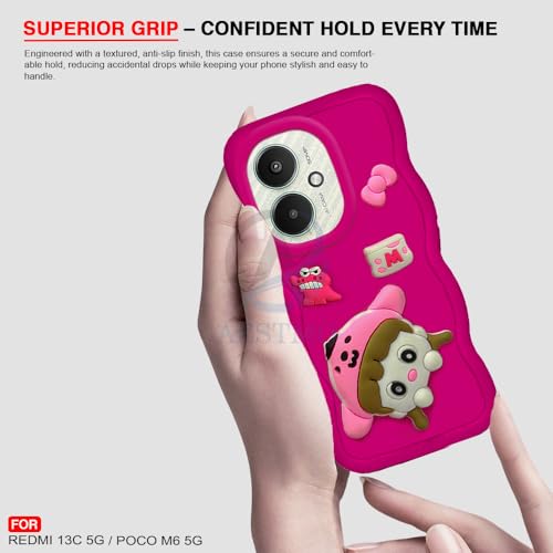 Image of AESTMO Back Case Cover for Redmi 13C 5G / Poco M6 5G | 3D Cute Fun Cartoon Characters | Anti Slip Grip Cute Wave Curly Frame Shape | Back Cover for Redmi 13C 5G / Poco M6 5G | (Pink)