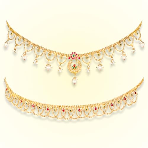 Image of Peora Gold Plated Bridal Jewellery Set with Kamarband Gift for Women Indian Traditional Ethnic Wedding