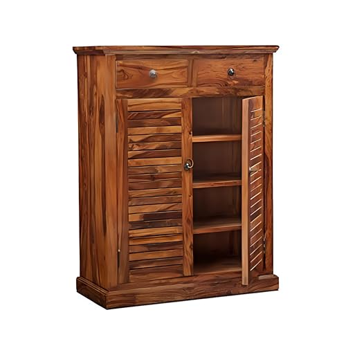 Image of Solid Sheesham Wood Multipurpose Shoe Rack | Cabinet for Living Room | Bedroom | Hall | Entryway | Home Furniture (Teak Finish)