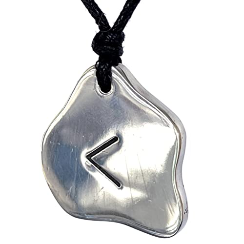 Kenaz Power Rune Kaunan Ulcer Torch Younger futhark Runes Asatru Nordic Norse Viking Jewelry Pewter Men's Pendant Necklace Protection Amulet Lucky Charm Safe Travel Talisman w Black Adjustable Cord