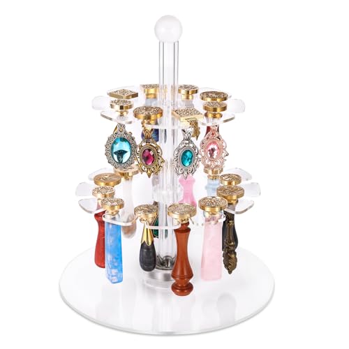 Image of 3 Tiers Rotatable Round Acrylic Display Stand for Wax Seal Kit, Wax Seal Stamp Head and Handle Storage Box Art Craft Container for Store Exhibition Bookstore Office and Home (No Wax Tools)
