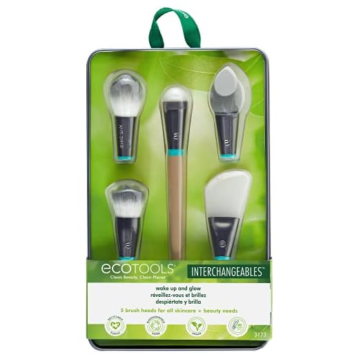 EcoTools Wake Up + Glow Interchangeables Makeup Brush Set with Case, With Beauty Blender Makeup Sponge, Silicone Applicator Face Mask Brush, Eye Roller Depuffer (Set of 6)