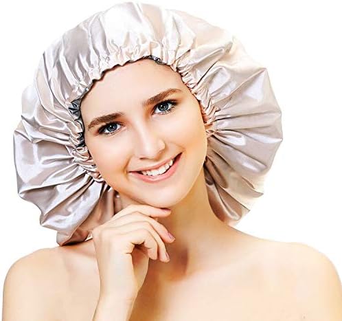 Greatremy Silky Satin Bonnet Sleep Bonnet Cap,Extra Large Adjustable Double Layer Satin Hair Bonnet for Women Curly Natural Long Big Hair Braids Dreadlocks Sleeping with Drawstring Champagne/Gray