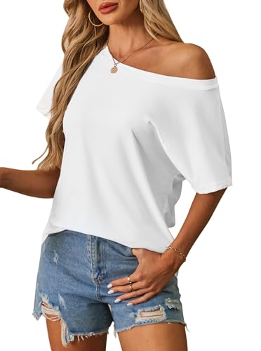 Image of Hilinker Womens Sexy Off The Shoulder Tops Short Batwing Sleeve T Shirt Oversized Casual Tee