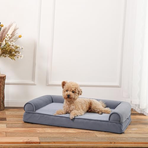 Image of Amazon Basics Living Room Couch Dog Bed with Premium Foam, Non-Slip Bottom, Removable Washable Cover, Supportive Pressure-Relief for Dogs up to 30lbs, Medium (30 inch x 20 inch), Grey
