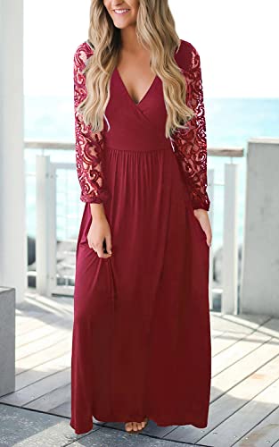 Image of Kranda Womens Vintage Floral Lace Long Sleeve Faux Wrap V Neck Party Long Maxi Dress