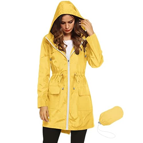 Lomon Women Waterproof Lightweight Rain Jacket Active Outdoor Hooded Raincoat Small Yellow(waist Drawstring)