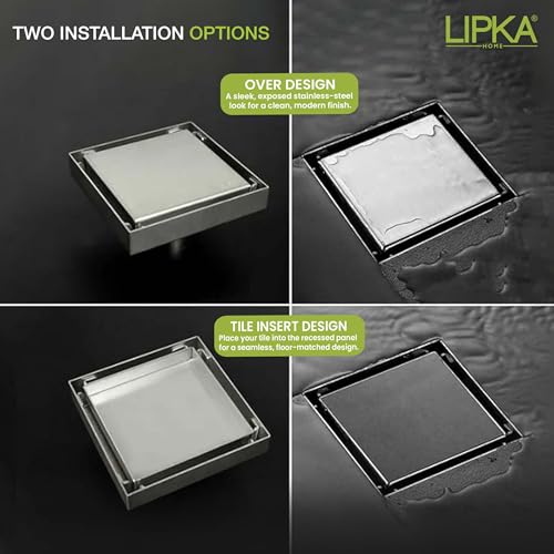 Image of Lipka Tile Insert Floor Drain | 5 x 5 Inches | Premium Grade Stainless Steel Invisible Shower Drain Channel | Waste Water Floor Drain for 13mm Tile with Cockroach Trap | Square Tile Insert Floor Drain