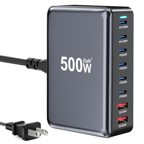 500W USB C Fast Charger Block, Multi-port USB Charging Station, GaN Ⅲ Double 100W PD PPS Port Fast Charging Station for Multiple Devices,Laptop Wall Charger Compatible with MacBook, iPhone 17,iPad etc