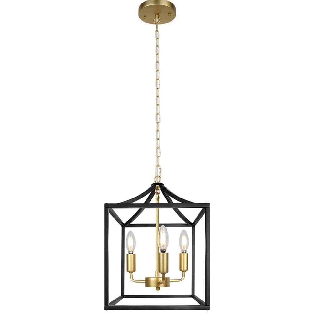 LYMSXAZOU 3-Light Rustic Lantern Fixtures – Black and Gold Chandelier Hanging Light, Adjustable Height Pendant Lamp for Farmhouse Entrance, Hall, Kitchen(Gold)