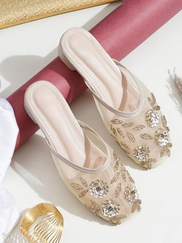 Image of TRYME Embellished Block Heel Mules for Women | Elegant Slip On Dress Sandals | Comfortable Fashion Heels for Casual, Wedding & Evening Occasions
