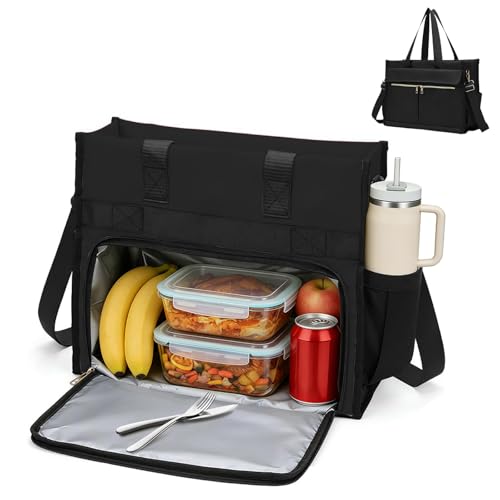 MeYuxg Lunchtasche Damen, Lunch Tote Bag, 2-in-1 Groß Lunchtasche Handtasche, 15.6 Zoll Laptoptasche mit LunchFach, Wasserdicht Arbeitstasche Damen für Business, Büro, Schule (Schwarz)