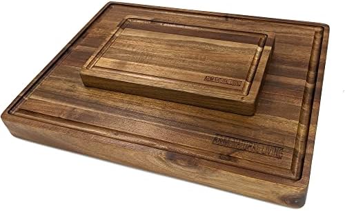 A&M Natural Living Wooden Chopping Boards Set of 2, Large Chopping Board 40.5cm x 30.5cm x 3.8cm, Small Cutting Board 25cm x 15cm x 2.5cm, Acacia Wood Chopping Board Set