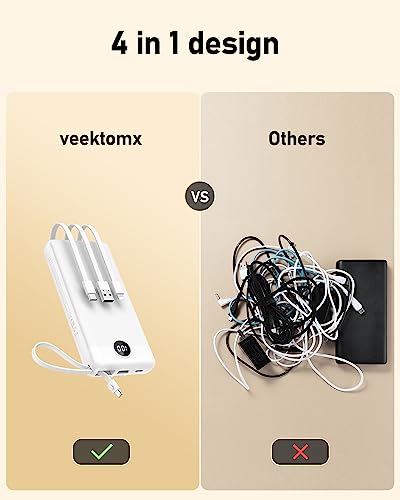 VEEKTOMX Power Bank 20000mAh Powerbank con Cavi Integrati Caricatore Portatile USB C Batteria Esterna con 5 Uscite e 2 Ingressi Compatibile con iPhone Samsung Huawei Xiaomi (20000mAh-Bianca)