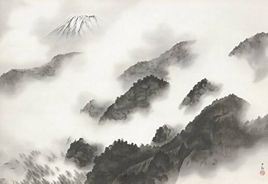 掛け軸 横山大観 水墨画「雨霽る」巨匠！ 遠くにいる富士に魅了されます Amazon.co.jp: 横山大観『雨霽る(あめはれる)』コロタイプ 風景画