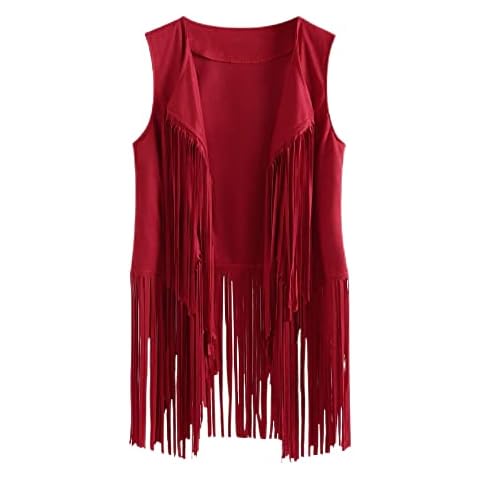 Lyfadon Tops Solid Color Tassel Design Women Slim Loose Vest Fringe Beach Waistcoat Ladies Red 3XL Cover