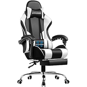 GTPLAYER Office Chair Gaming Chair Massage Gaming Chair Ergonomic Gamer Chair with Footrest Headrest Massage Lumbar Cushion Padded Gaming Chair Swivel Chair White