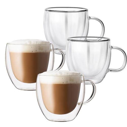 KAZOMO Double Walled Glass Coffee Mugs Set of 4 8.5 OZ Clear Glass Insulated Mugs with Handle for Cappuccino Tea Latte Cups Beverage Glasses Heat Resistant