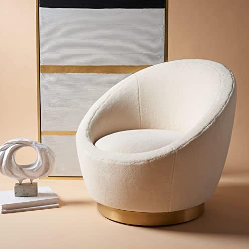 Safavieh Couture Home Collection Pippa Faux Wool Upholstered Swivel Living Room Vanity Bedroom Accent Chair (Fully Assembled) SFV4728A, Ivory/Gold