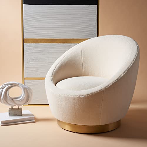 Safavieh Couture Home Collection Pippa Faux Wool Upholstered Swivel Living Room Vanity Bedroom Accent Chair (Fully Assembled) Sfv4728A, Ivory/Gold #TOP12