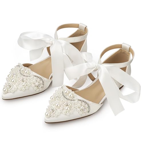 Women's Wedding Flat Pearl Rhinestone Pointed Toe Ivory Satin Ribbon Tie Bridal Shoes4