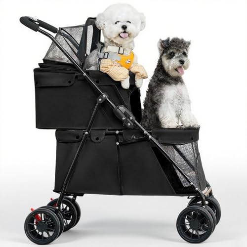 Hondenwandelwagen, 2-laags, opvouwbare huisdierbuggy voor kleine en middelgrote honden, 24 kg, katten honden kinderwagen met veiligheidsgordel, ademend mesh 4 wielen, huisdierenwagen, reiskinderwagens