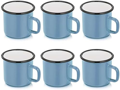 P&P CHEF Blue Enamel Coffee Mugs Set of 6, 12oz Small Camping Enamel Tea Cups for Indoor and Outdoor Activities, Wide Handle & Smooth Rim, Portable & Durable, 350ml