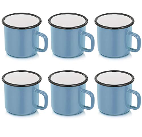 P&P Chef Blue Enamel Coffee Mugs Set Of 6, 12Oz Small Camping Enamel Tea Cups For Indoor And Outdoor Activities, Wide Handle & Smooth Rim, Portable & Durable, 350Ml #TOP3