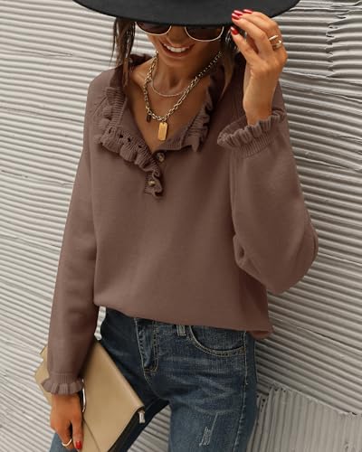 BTFBM Womens Sweaters Fall Winter Clothes 2025 Long Sleeve Button Down Ruffle Crew Neck Casual Knitted Pullover Tops2