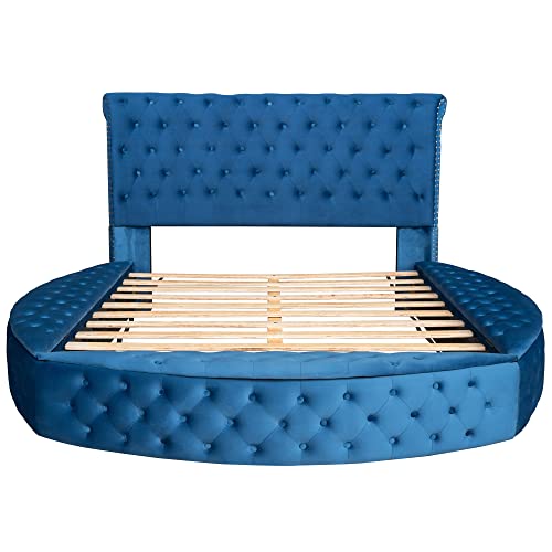 Citylight Queen Size Round Shape Upholstered Platform Bed With Storage Space On Both Sides And Footboard, Button Tufted Queen Storage Bed Frame For Kids Teens Adults,No Box Spring Needed,Blue #TOP4