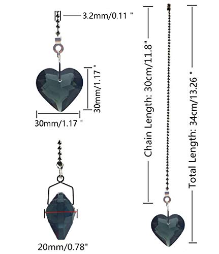 Image of 2Pcs Crystal Ceiling Fan Pull Chain Extender with Connector, 12 inch | K9 Crystal Glass, Not Acrylic, Heart Prism, Cut-To-Length Adjustable, Snap-On Connector For Fan, Light, Lamp (Black)