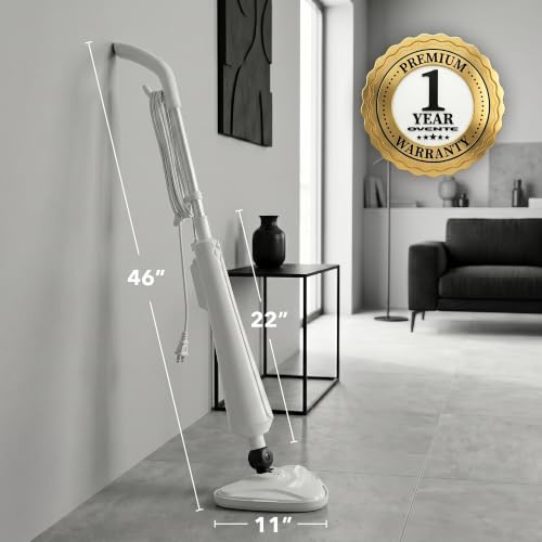 Image of OVENTE Electric Steam Mop Cleaner, 1300W, 350ml Water Tank, White ST405W | With Swivel Head, Washable Microfiber Pad for Cleaning Carpet, Hardwood, Laminate Floor, Tiles and Grout