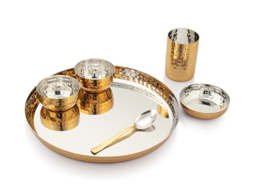 Image of Silverglow Hammered Stainless Steel Dinner Set of 24 pcs, Gold Plated Dinnerware Set for 4 People, Diwali Wedding Return Gift, Hotel Restaurant Steel Luxury Gold Plate Set